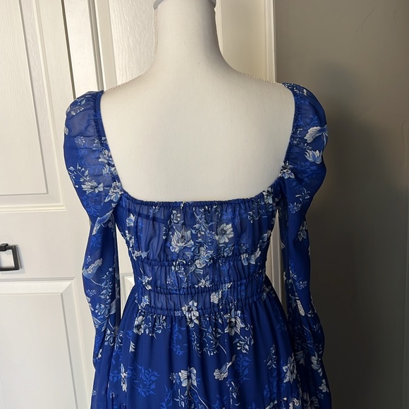 Sau Lee Gianna Dress Blue White Floral Sheer Ruched Waist Maxi Midi Size 6 - Picture 5 of 10